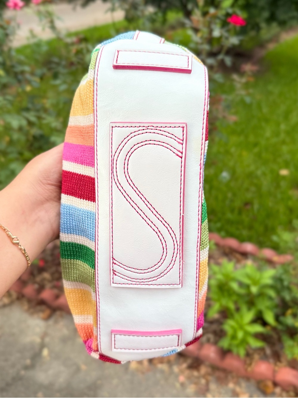 The Sak Rainbow Stripe Kids Shoulder Bag with Pink Plush Charm - Picture 7 of 13